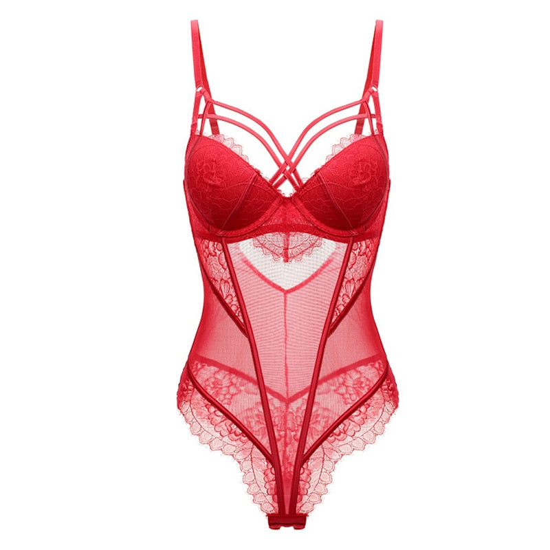 Bodysuit Women Push Up Red Strappy Cup Eyelash Lace Floral Pattern Padded Underwire Lingerie Women Shapewear High Quality